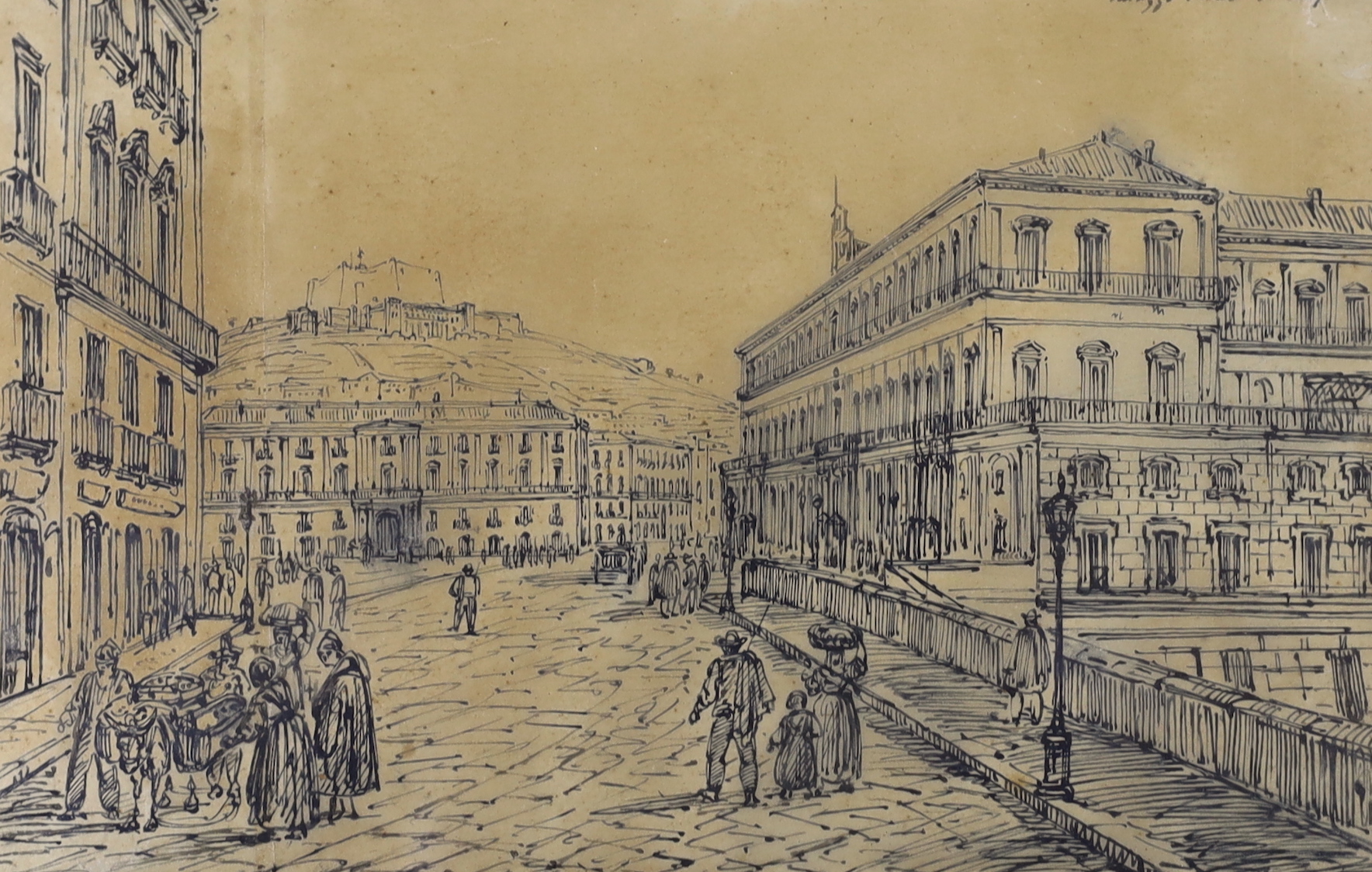 19th century Neapolitan School, two pen and ink drawings, Naples views, each inscribed, largest 17 x 24cm